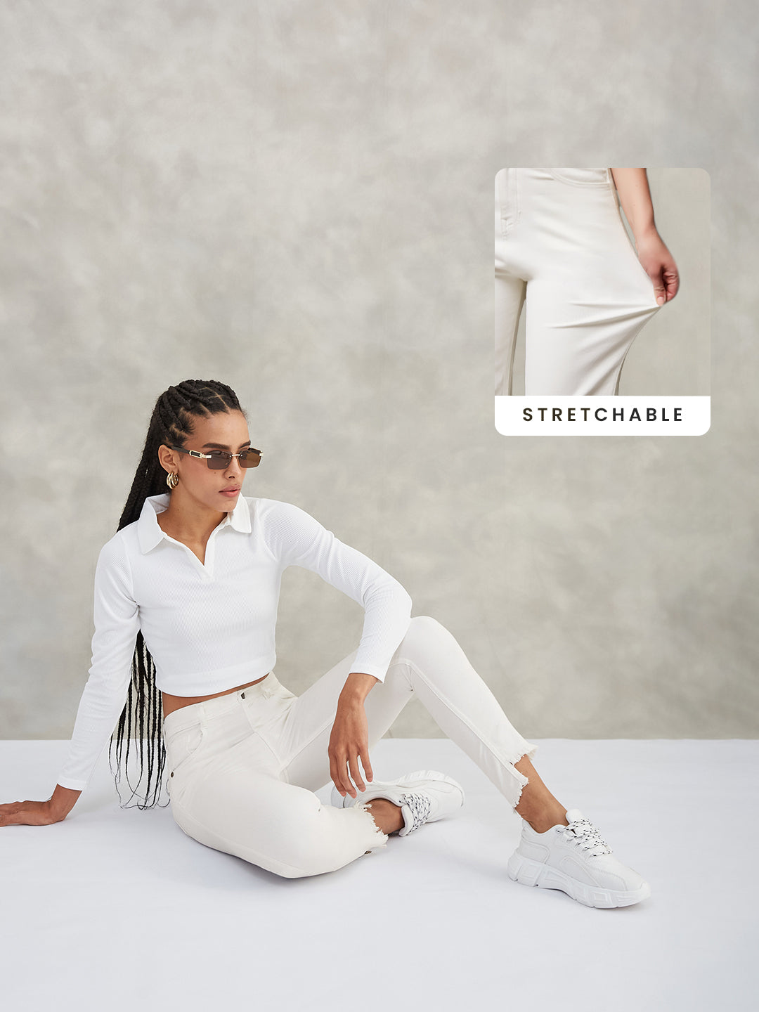 CHASEstretch™ White Skinny-Fit High-Rise Side-Slit Raw-Edge-Detailing Cropped Stretchable Denim Jeans for Women