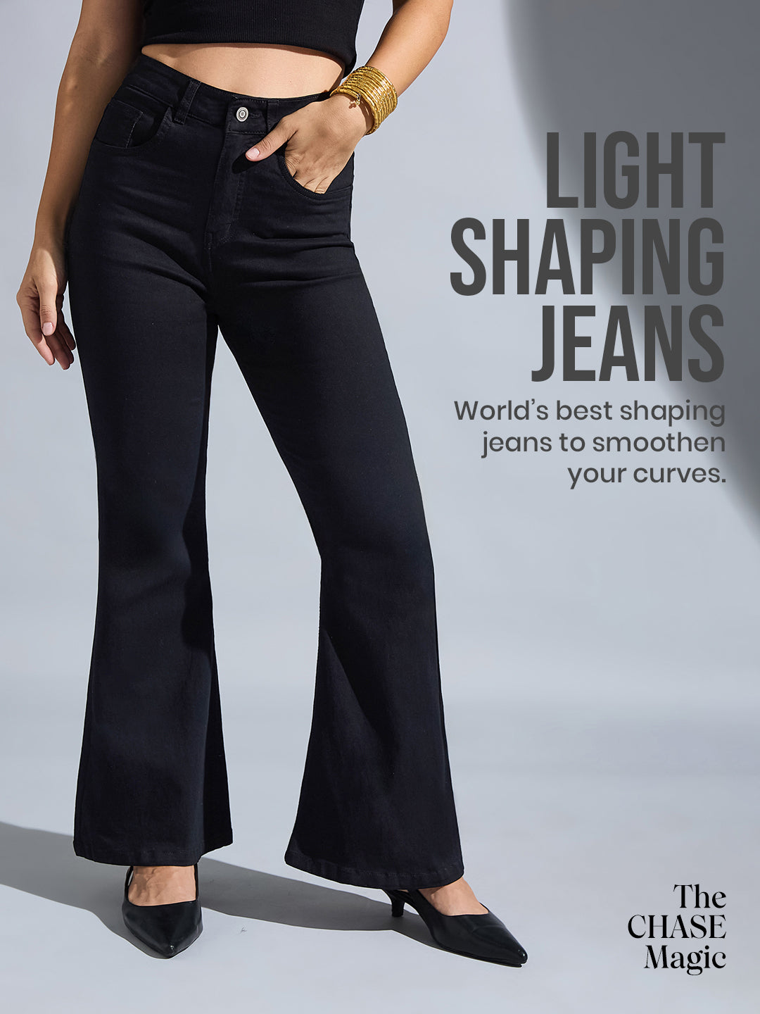 Tummy Smoothening Light-Shaping Bootcut High-Rise Black Denim Jeans
