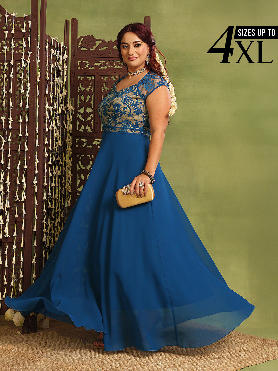Royal Blue Floral Cap Sleeves Fit and Flare Lace Maxi Dress for Women