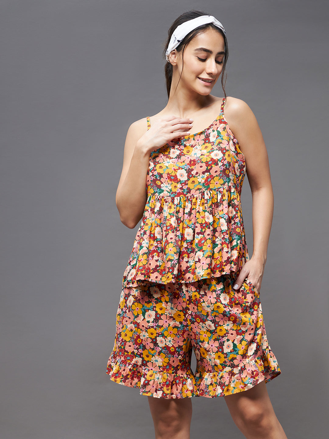 Women's Multicolour Round Neck Sleeveless Floral Ruffled Hem Short Top & Shorts Sets