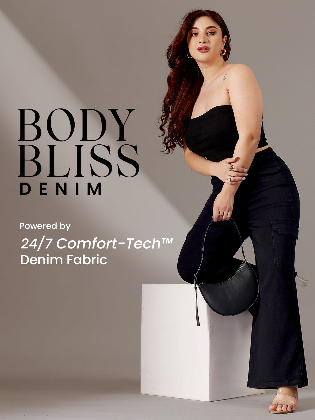 Body Bliss Black Wide-Leg High-Rise Clean-Look Patch Pocketed Regular Stretchable Denim Jeans for Women