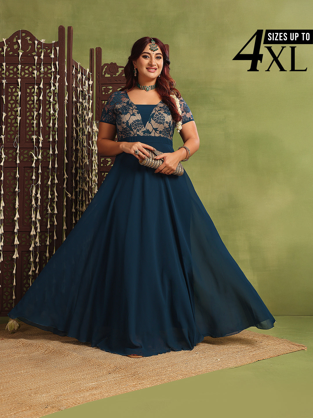 Teal Short Sleeves Lace Fit and Flare Maxi Dress for Women