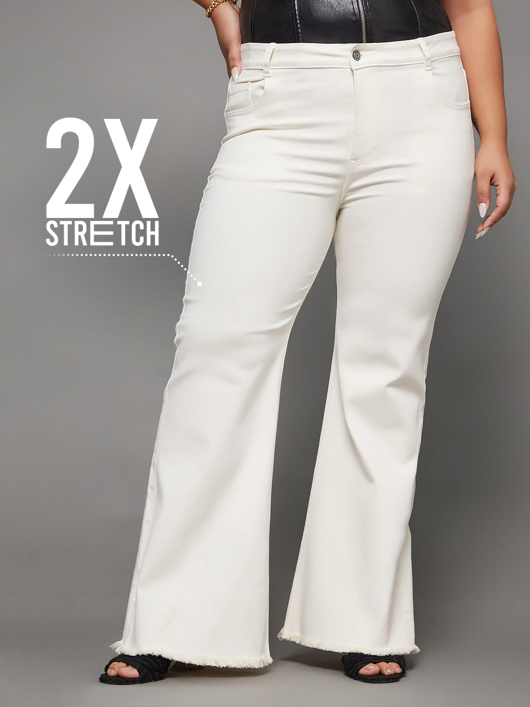 24/7 Comfort White Bell-Bottom Bootcut High-Rise Stretchable Denim Jeans for Women
