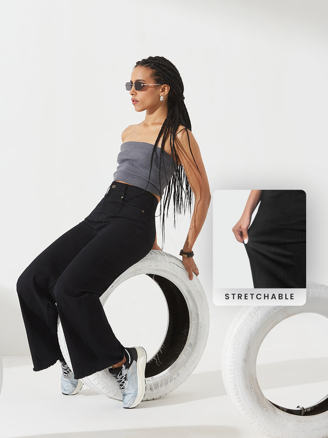 CHASEstretch™ Black High-Rise Stretchable Wide Leg Denim Jeans For Women