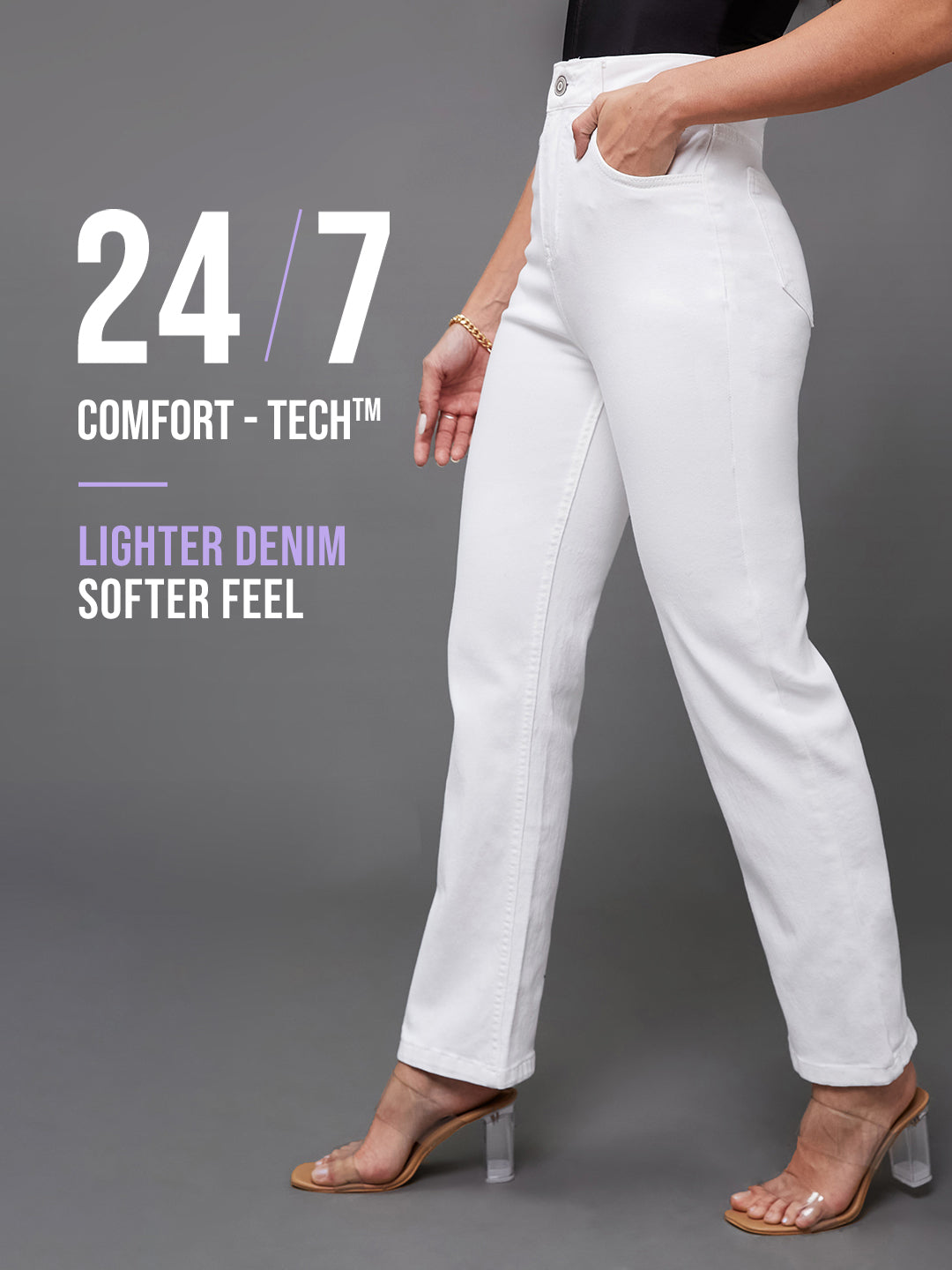 24/7 Comfort White Straight-Fit High-Rise Denim Jeans for Women