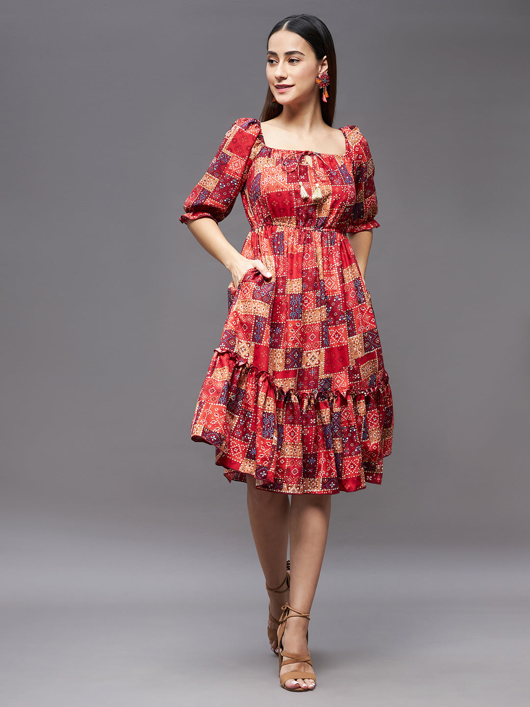 Women's Multicolored Square Neck 3/4 Sleeve Viscose Rayon Ruffled Knee-Long Dress