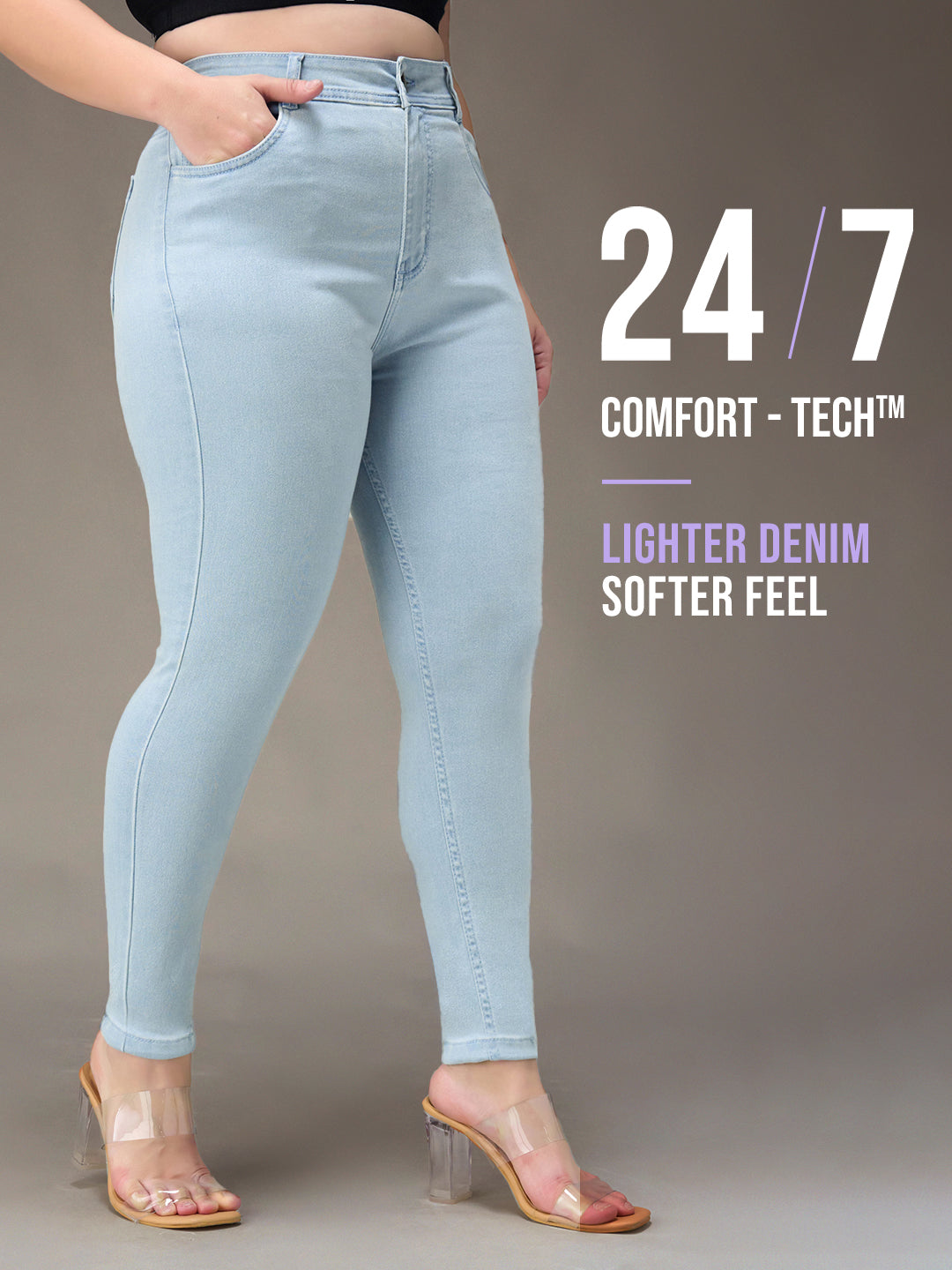 24/7 Comfort Light-Blue Skinny-Fit High-Rise Distressed Ice-Wash Denim Jeans for Women