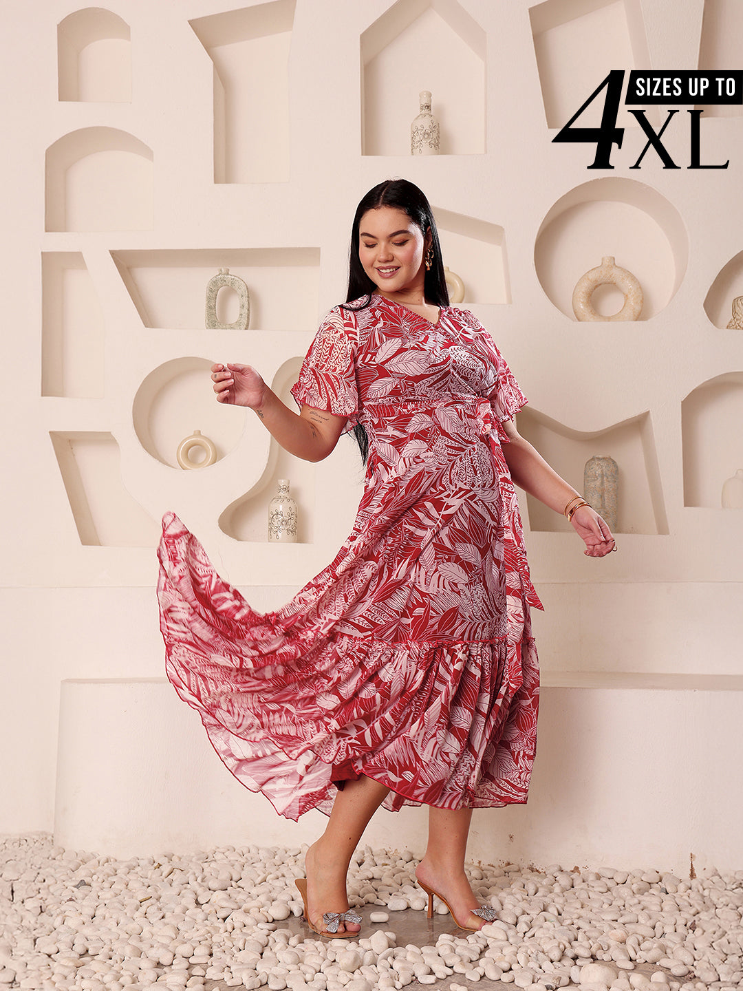 Maroon Floral Printed Flutter Sleeves Maxi Dress for Women