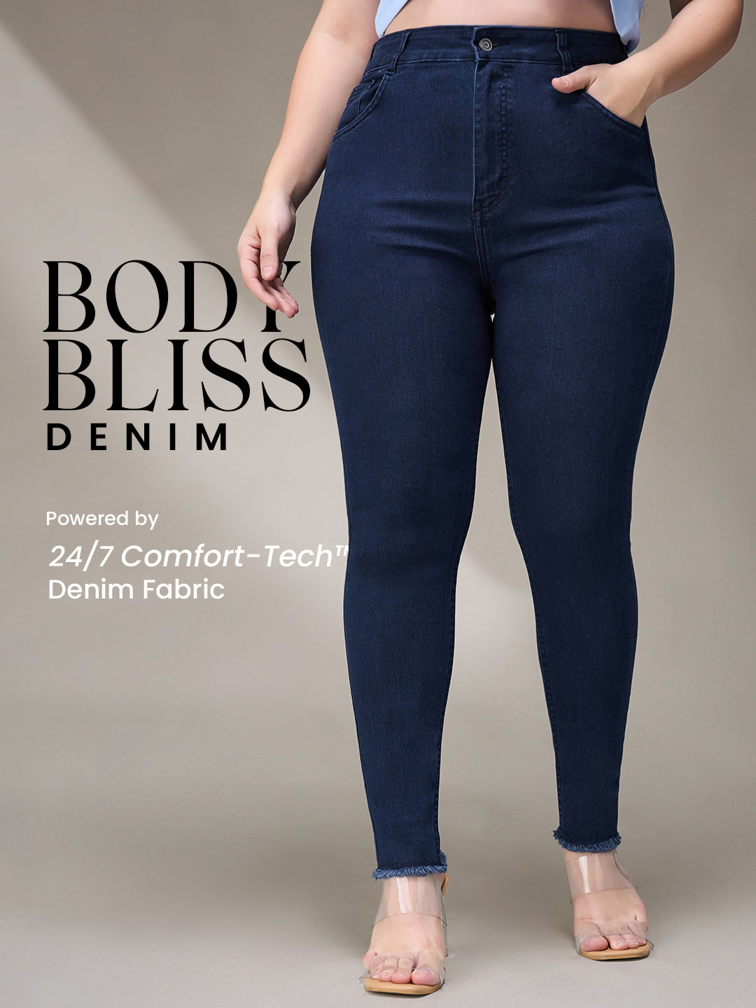 Body Bliss Navy-Blue Skinny-Fit High-Rise Cropped Fringed Hemline Stretchable Denim Jeans for Women