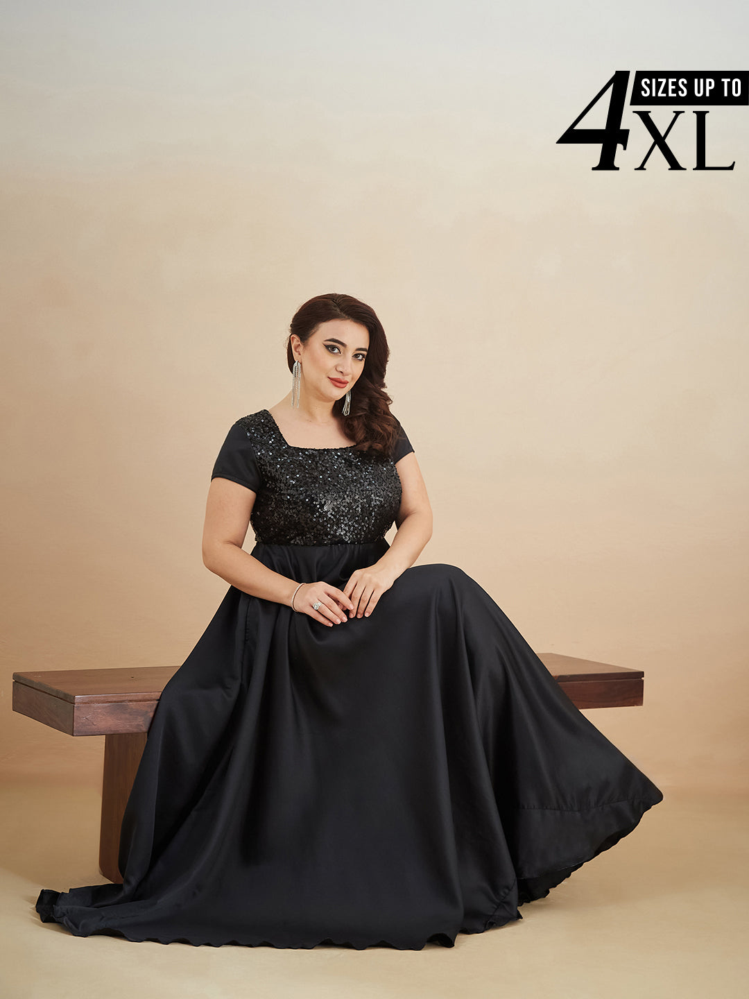 Black Short Sleeves Sequinned Fit and Flare Maxi Dress for Women