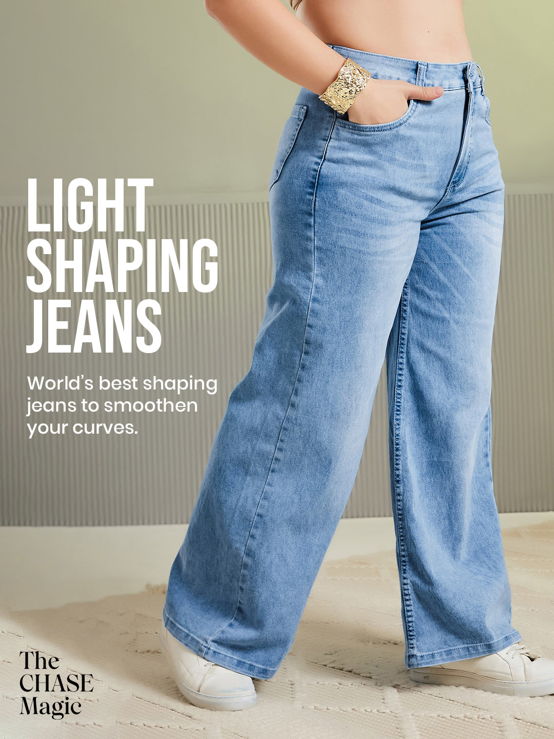 CHASEshape™ Light Blue Wide-Leg High Rise Stretchable Denim Jeans for Women