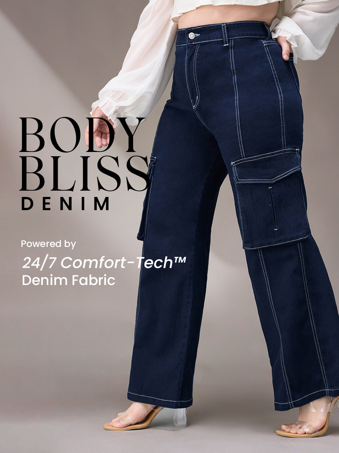 Body Bliss Navy-Blue Cargo Wide-Leg High-Rise Stretchable Baggy Denim Jeans for Women