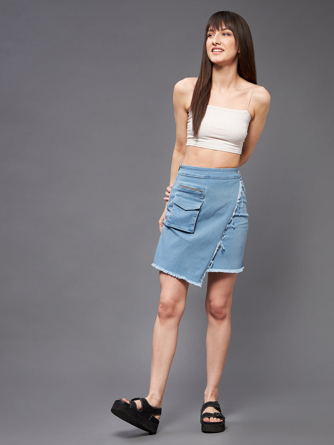 Women's Light Blue Regular High rise Clean look Above Knee Stretchable Denim Skirt