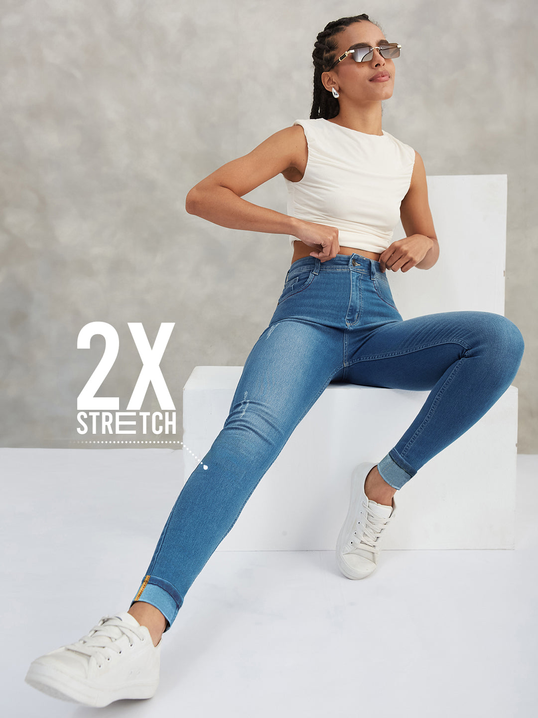 CHASEstretch™ Blue Skinny-Fit High-Rise Twill Tape Detailing Scraped Denim Jeans for Women
