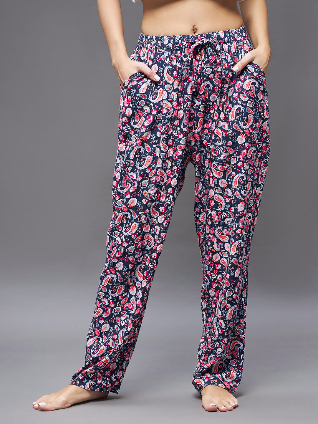 Women's Navy blue and pink Printed Tie-Up Waist Regular Pajama