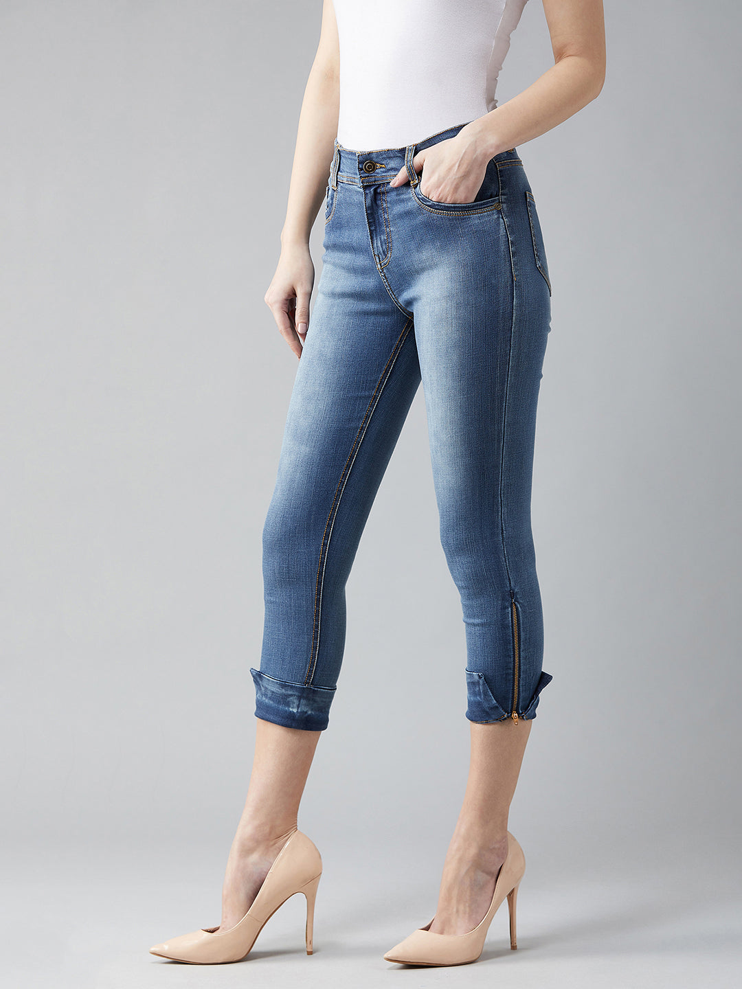 Women's Blue Skinny Fit High Rise Ankle Length Acid Wash Blast Effect Denim Stretchable Jeans