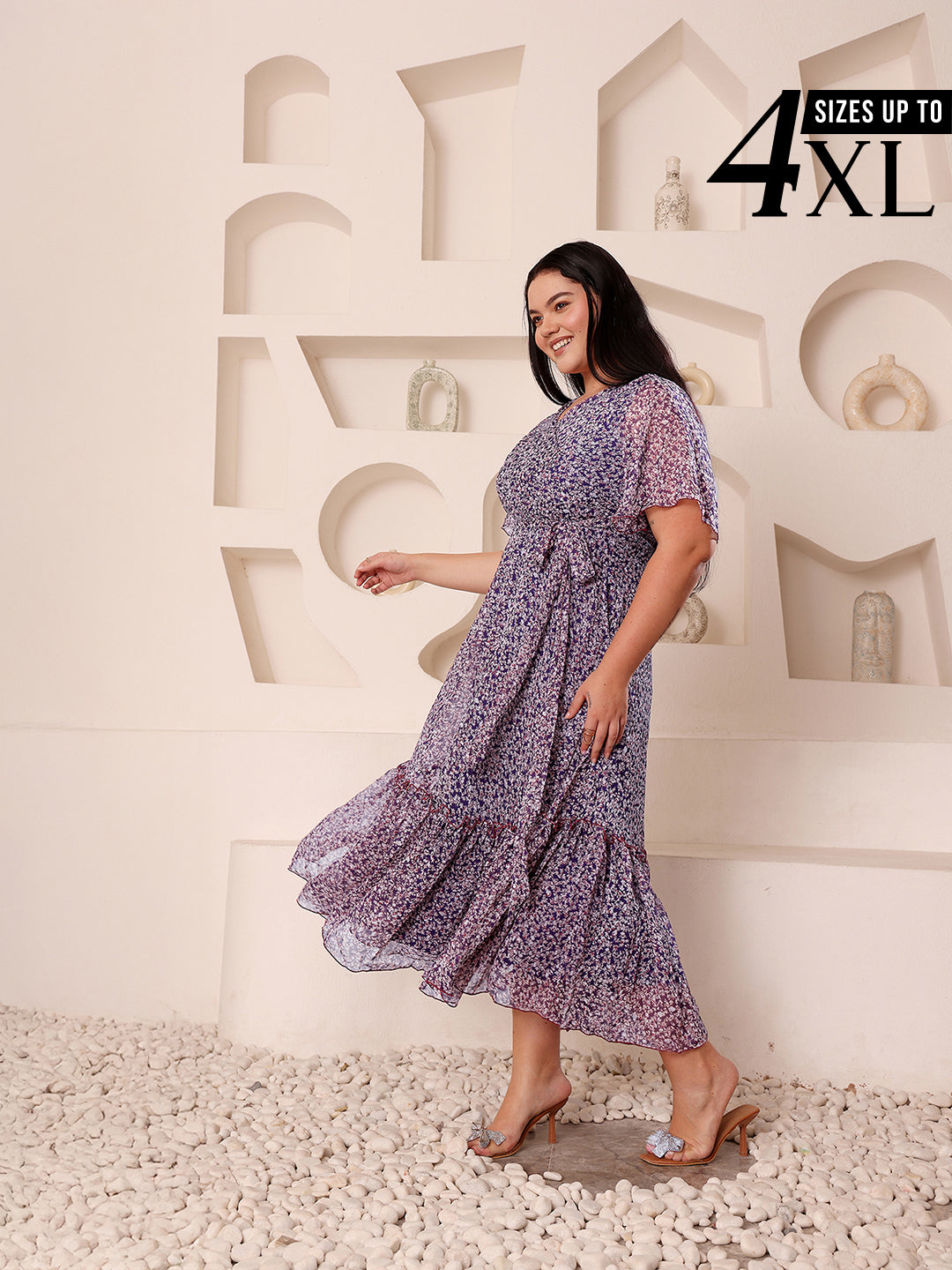 Purple Floral Printed Flutter Sleeves Maxi Dress for Women