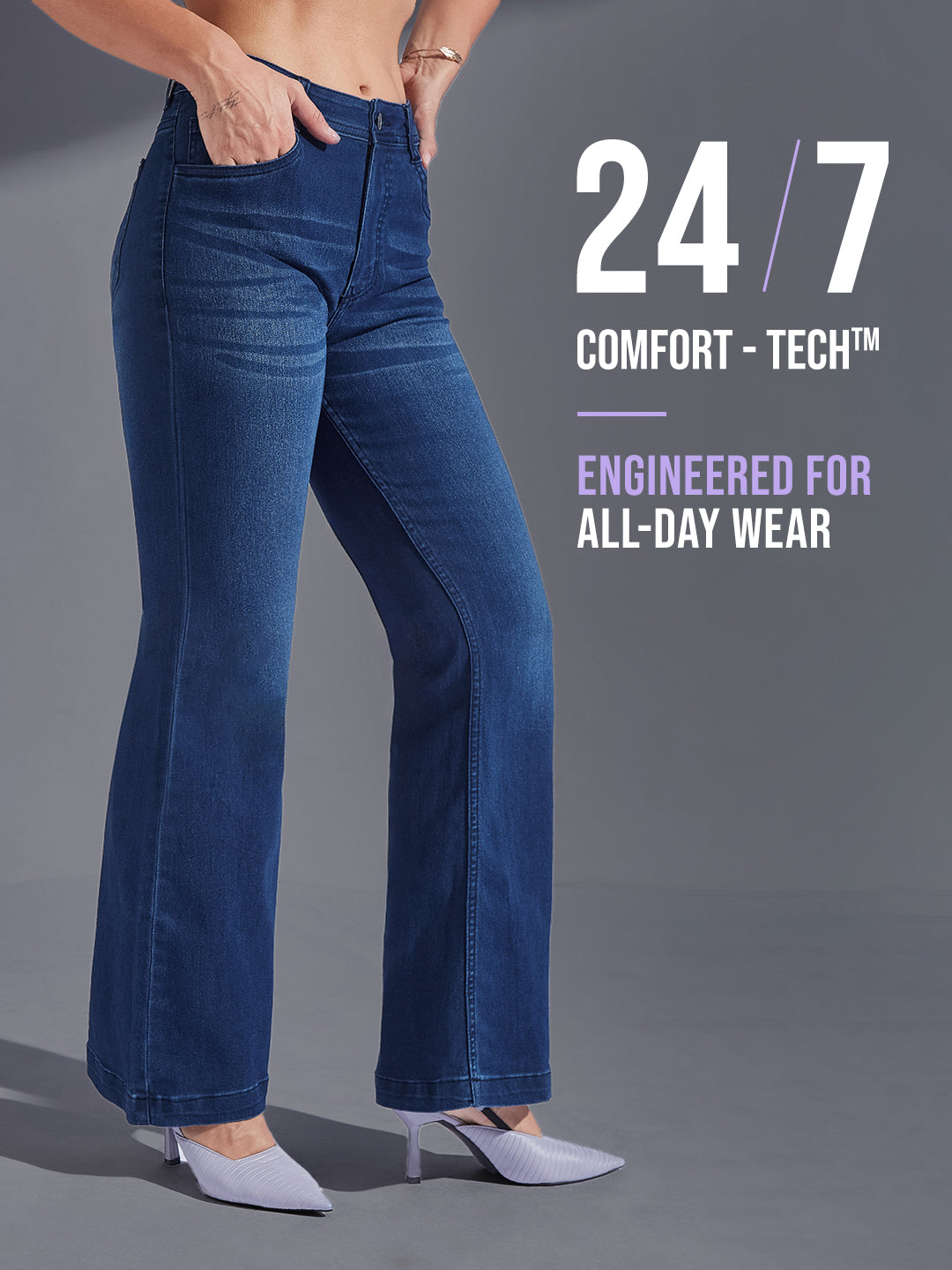 24/7 Comfort Navy-Blue High-Rise Stretchable Bootcut Denim Jeans for Women
