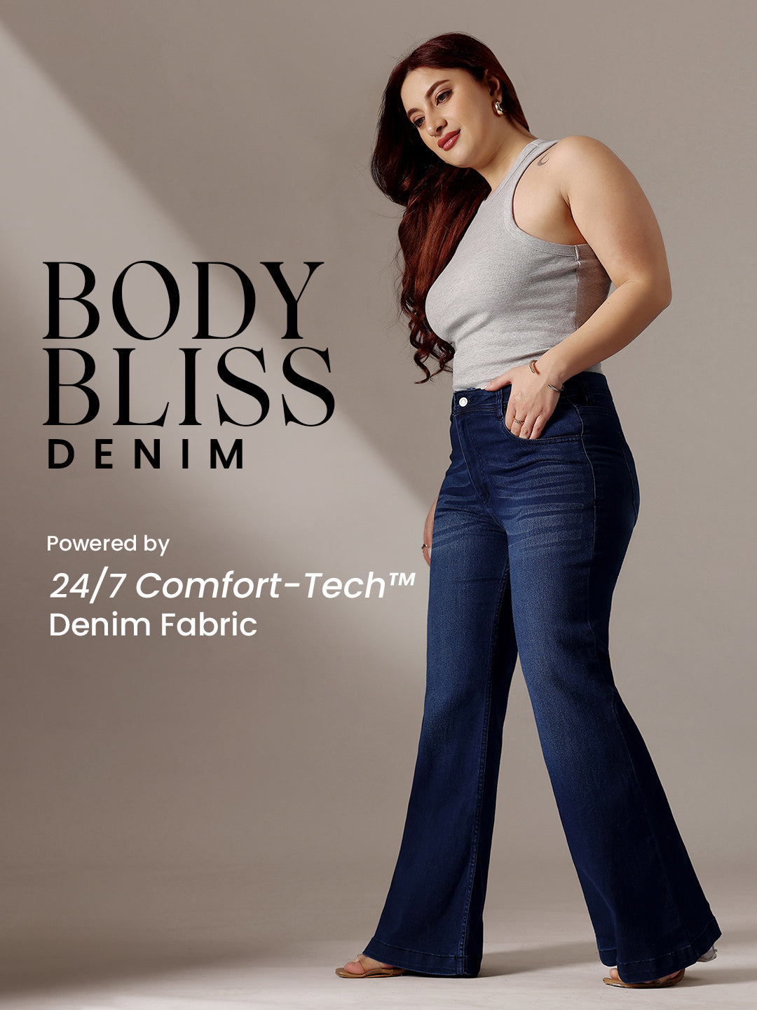 Body Bliss Navy-Blue High-Rise Clean-Look Regular-Length Stretchable Bootcut Denim Jeans for Women