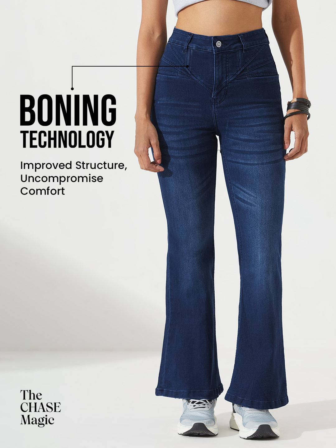 CHASEshape™ Light-Shaping Bootcut High-Rise Navy Blue Denim Jeans with Boning Technology for Women — Dolce Crudo