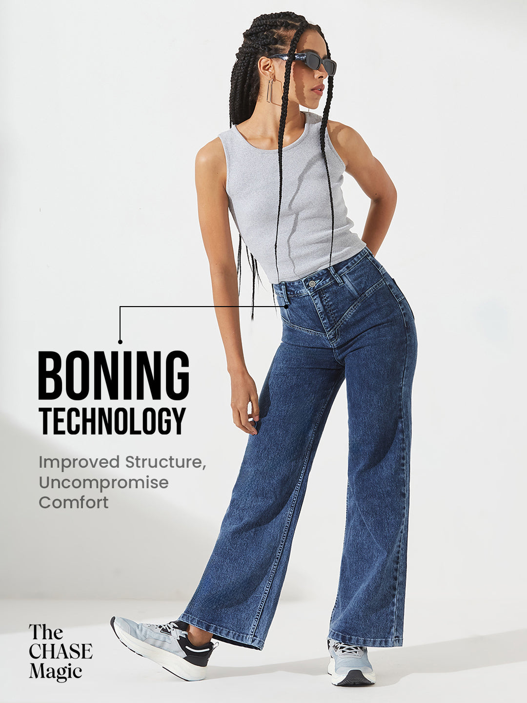 CHASEshape™ Light-Shaping Wide-Leg High-Rise Dark Blue Denim Jeans with Boning Technology for Women — Dolce Crudo