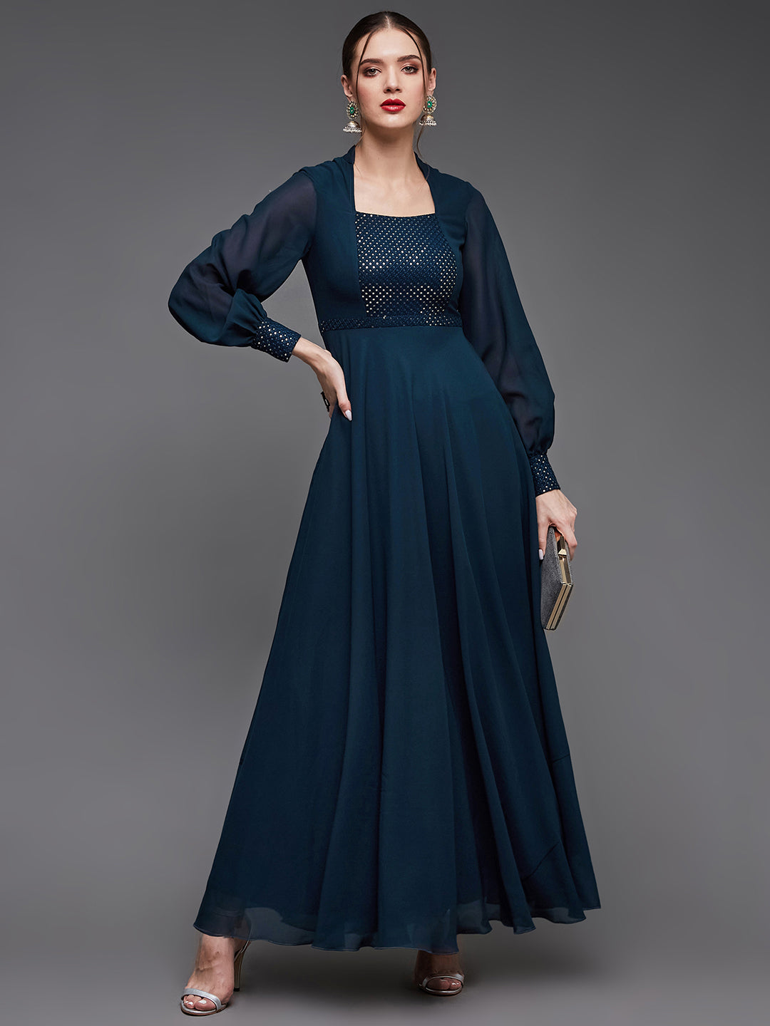 Women's Teal Mandarin-Collar Bishop Sleeve Embellished Panelled Georgette Maxi Dress