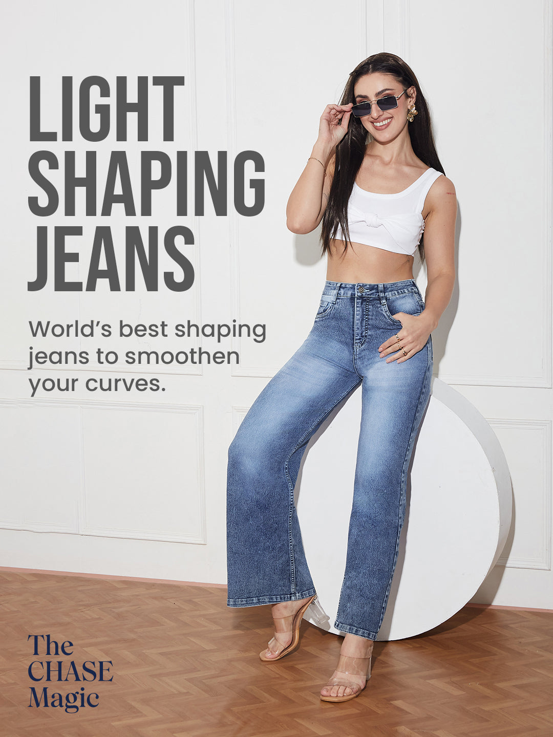 CHASEshape™ Women's Light Blue Wide-Leg High-Rise Clean-Look Regular-Length Stretchable Denim Jeans