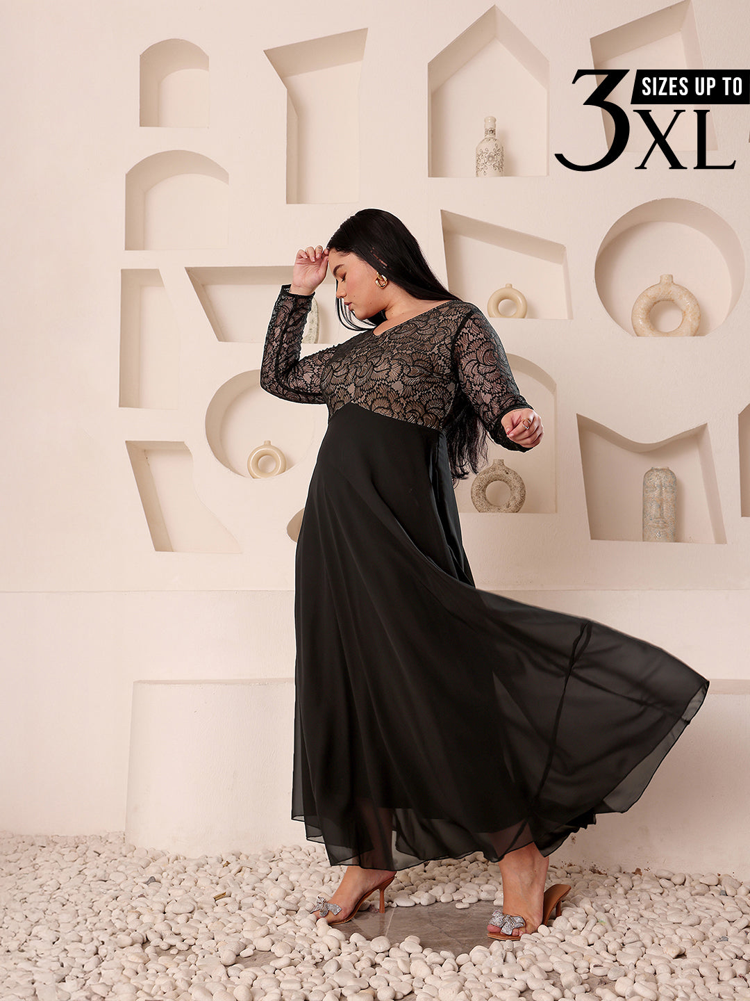 Black Full Sleeves Lace Fit and Flare Maxi Dress for Women