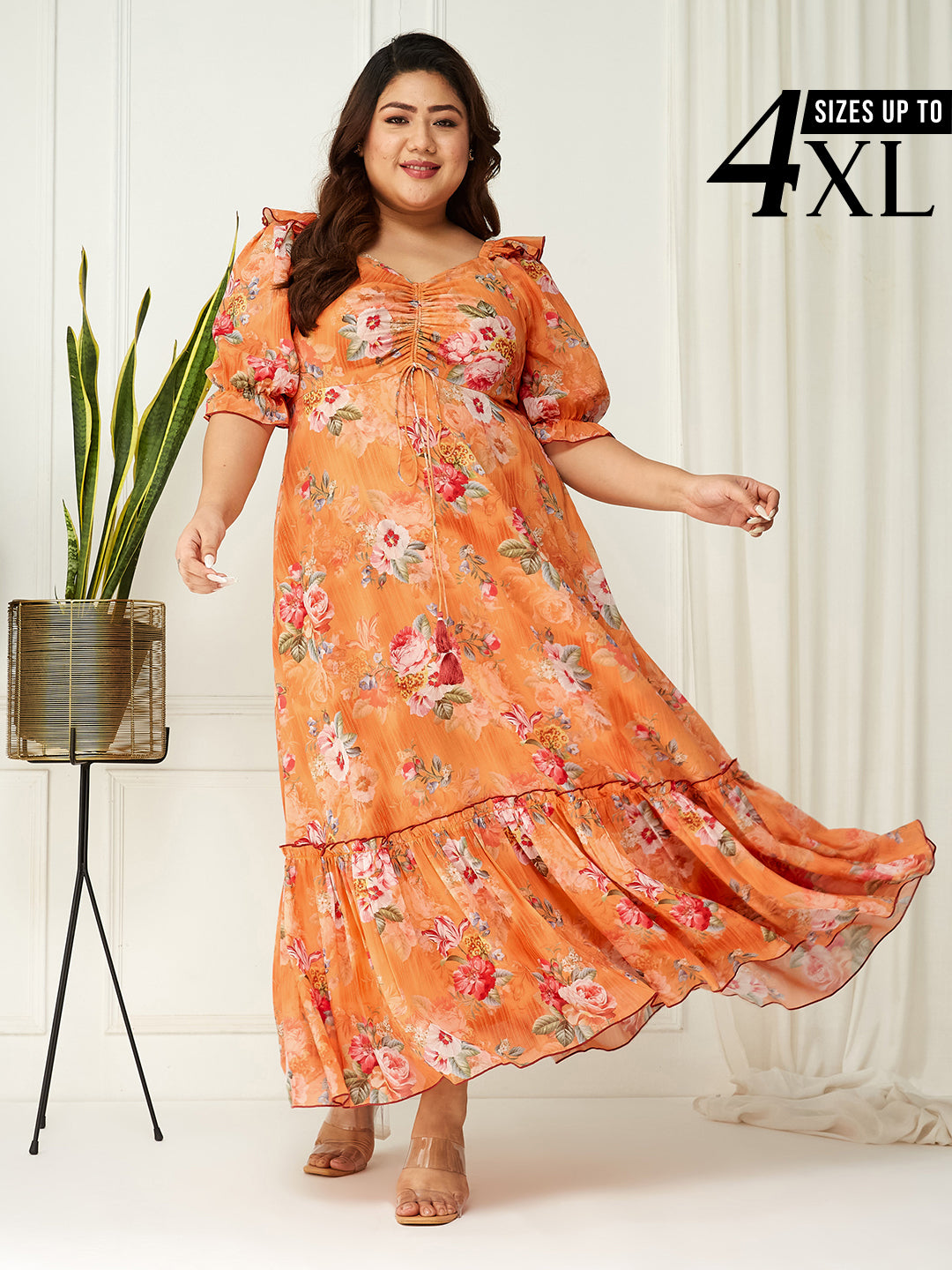 Orange Multicoloured Floral Printed Puff Sleeves Sweetheart Neck Fit and Flare Maxi Dress for Women