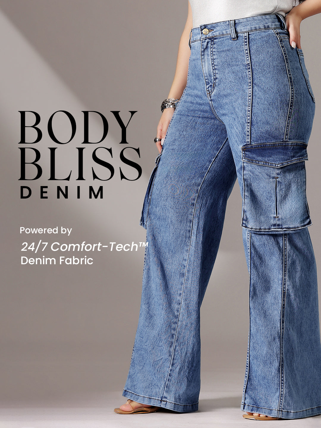 Body Bliss Blue Wide-Leg High-Rise Clean-Look Regular-Length Stretchable Patch-Pocketed Denim Jeans for Women