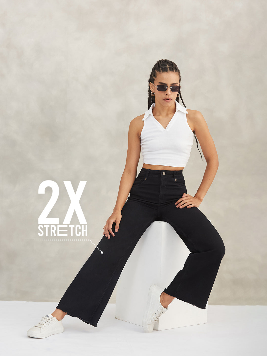 CHASEstretch™ Black High-Rise Stretchable Wide-Leg Denim Jeans for Women