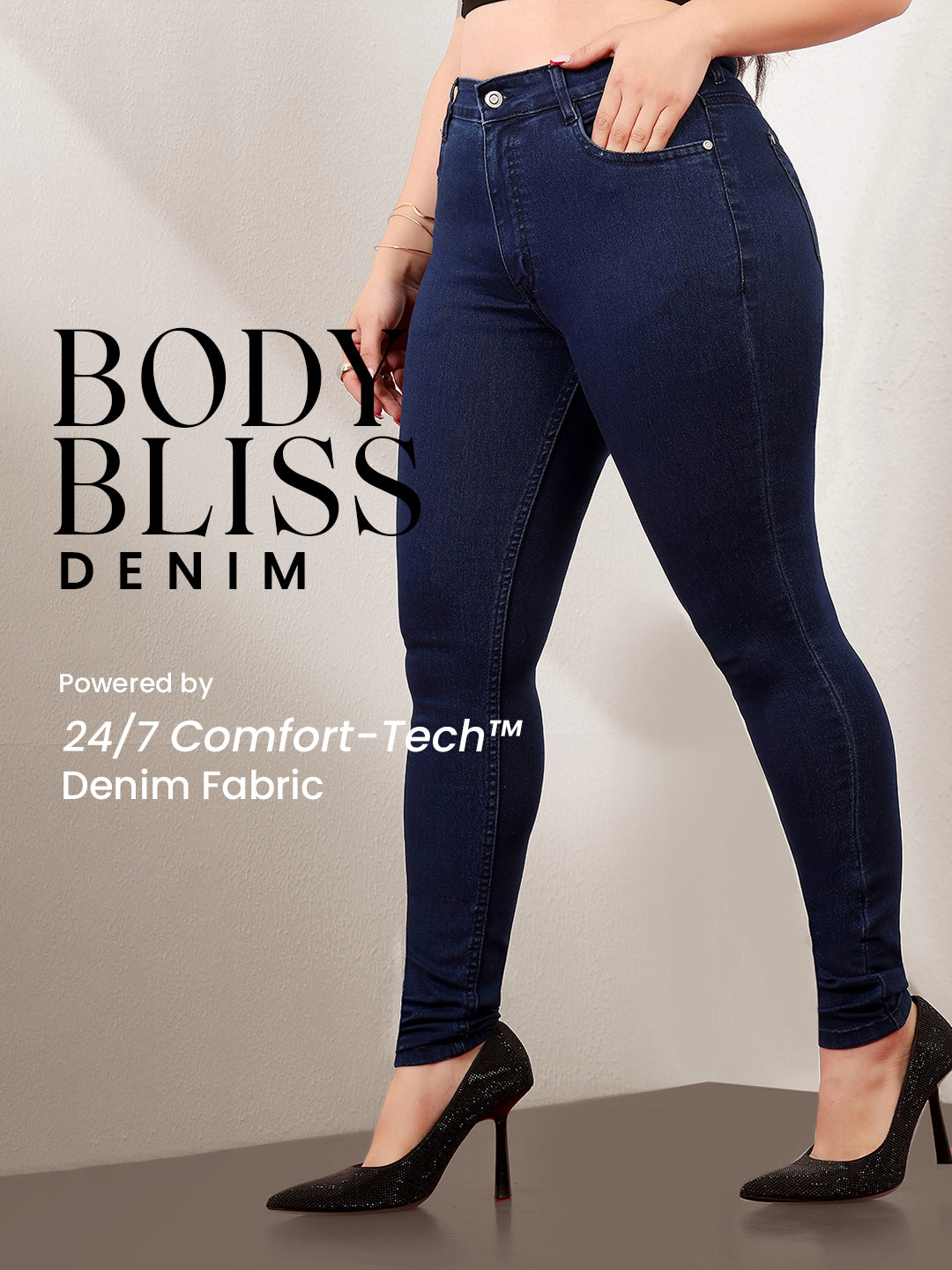 Body Bliss Navy-Blue Skinny-Fit Mid-Rise Regular-Length Denim Stretchable Jeans for Women