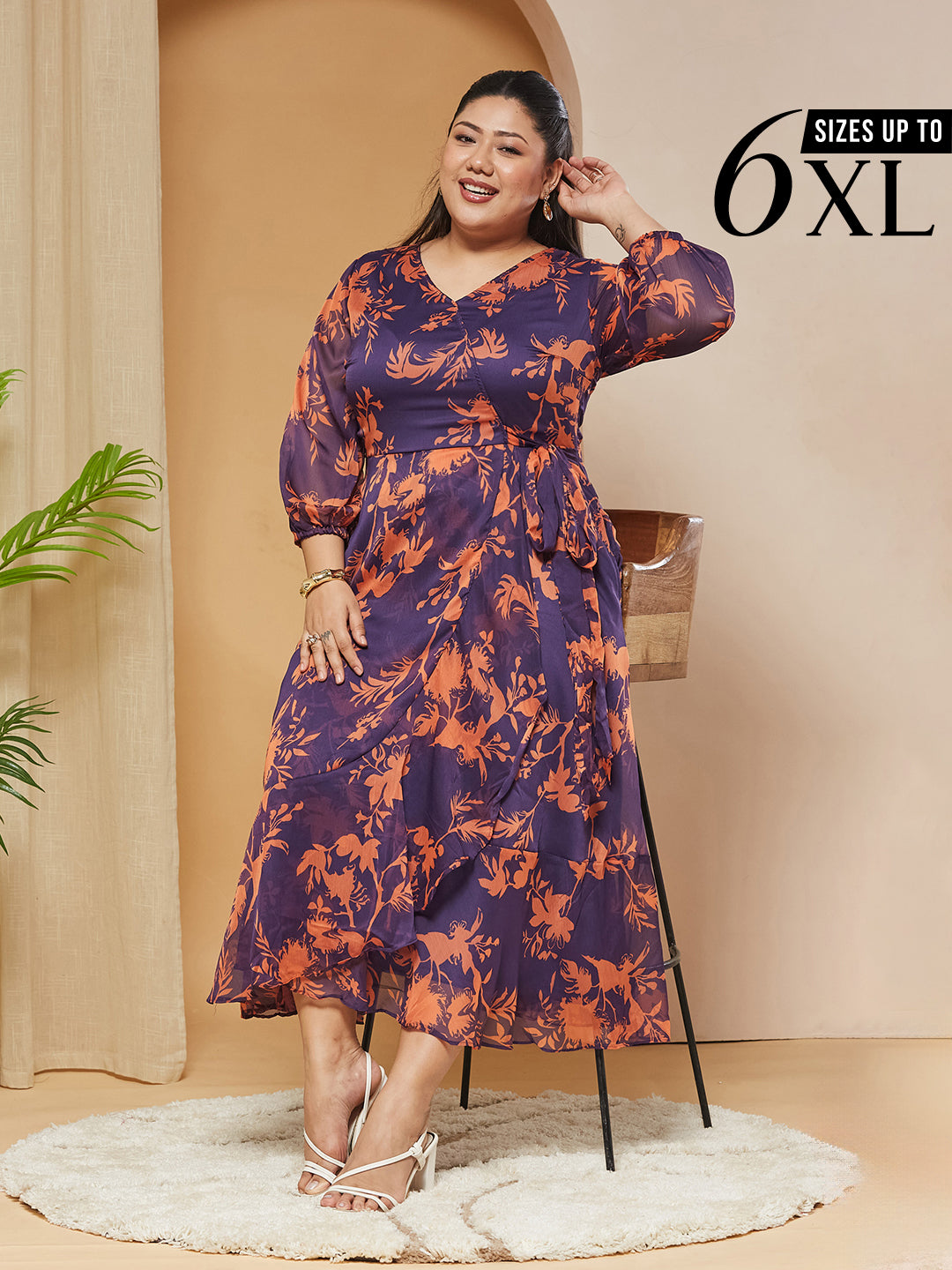 Multicolored-Base-Purple V-Neck Three-Quarter Sleeve Floral Wrap Chiffon Midi Dress for Women