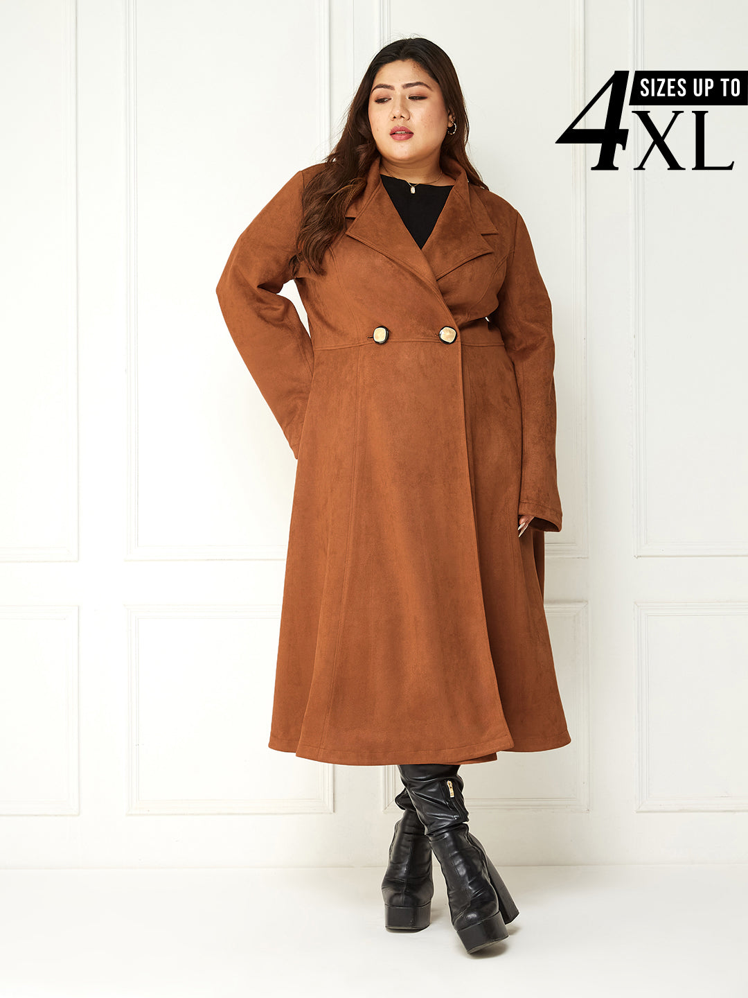 Body Bliss Brown Solid Double Breasted Longline Jacket for Women