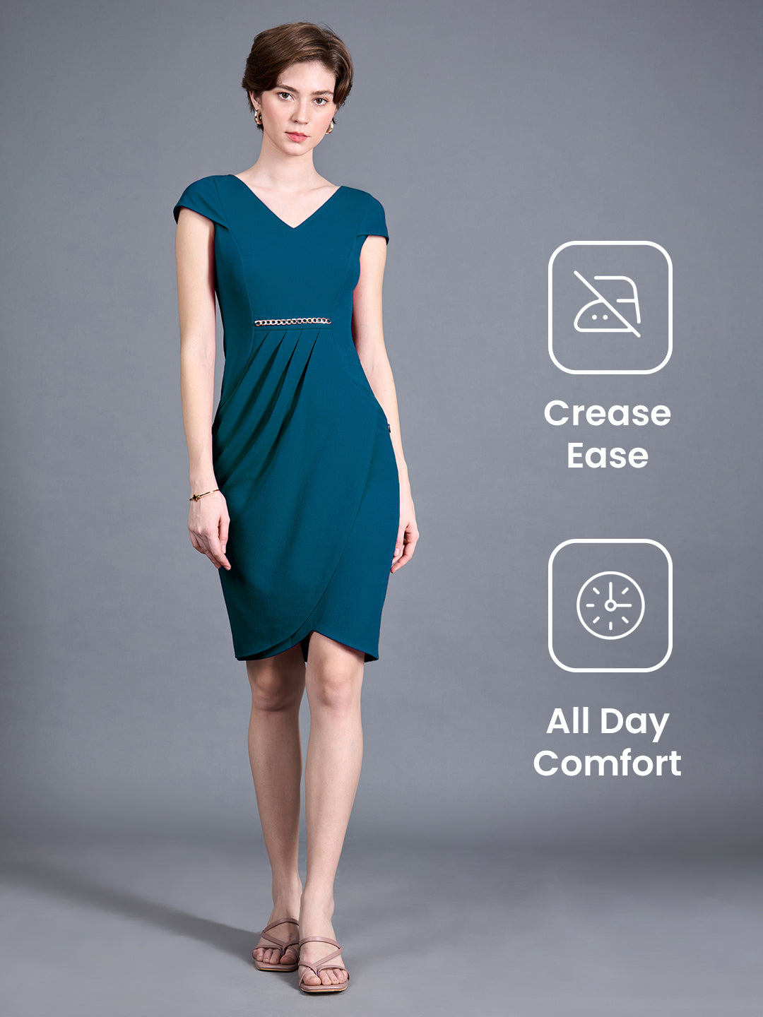 Women's Teal V-Neck Cap Sleeve Solid Wrapped Polyester Knee-Long Dress