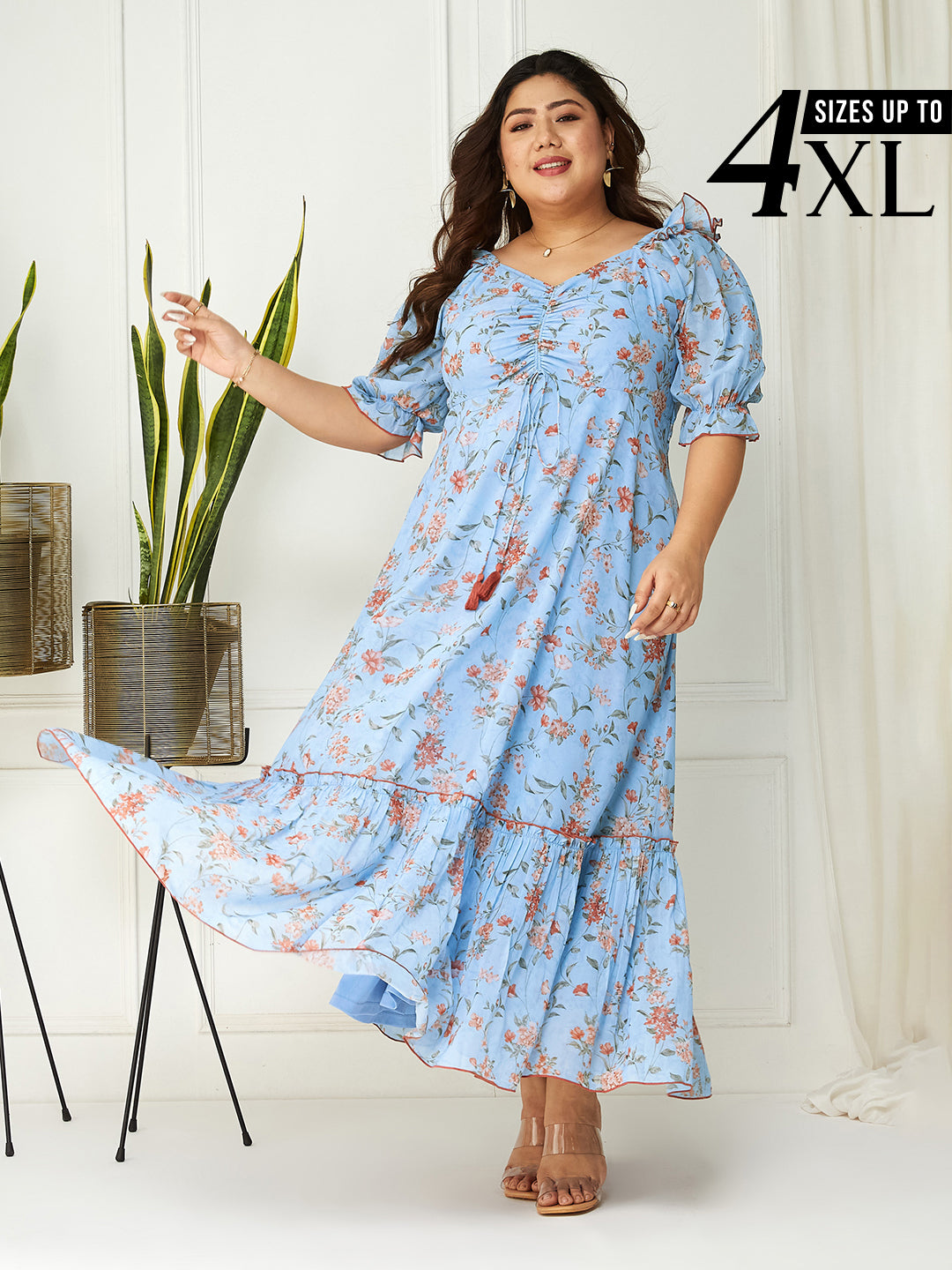 Body Bliss Multicolored-Base-Powder Blue Floral Ruching Ankle-Length Dress for Women