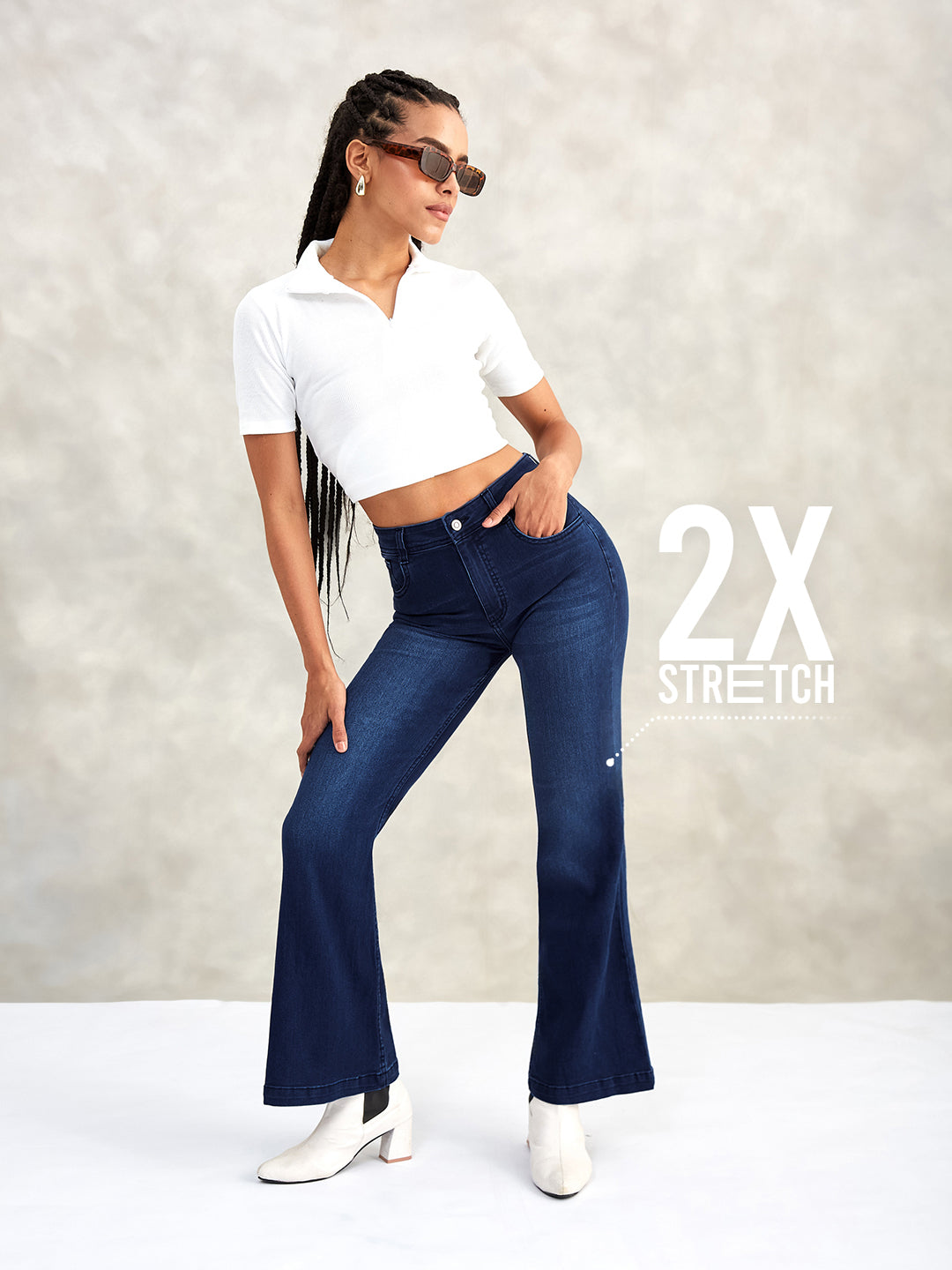CHASEstretch™ Navy-Blue High-Rise Stretchable Flared Denim Jeans for Women