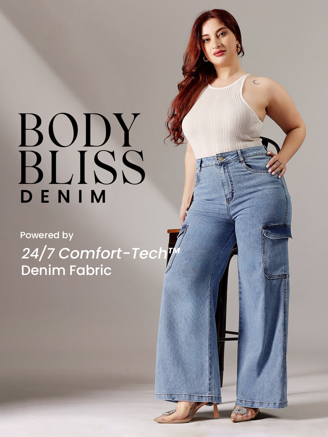 Body Bliss Blue Wide-Leg High-Rise Heavy Wash Regular-Length Stretchable Cargo Denim Jeans for Women