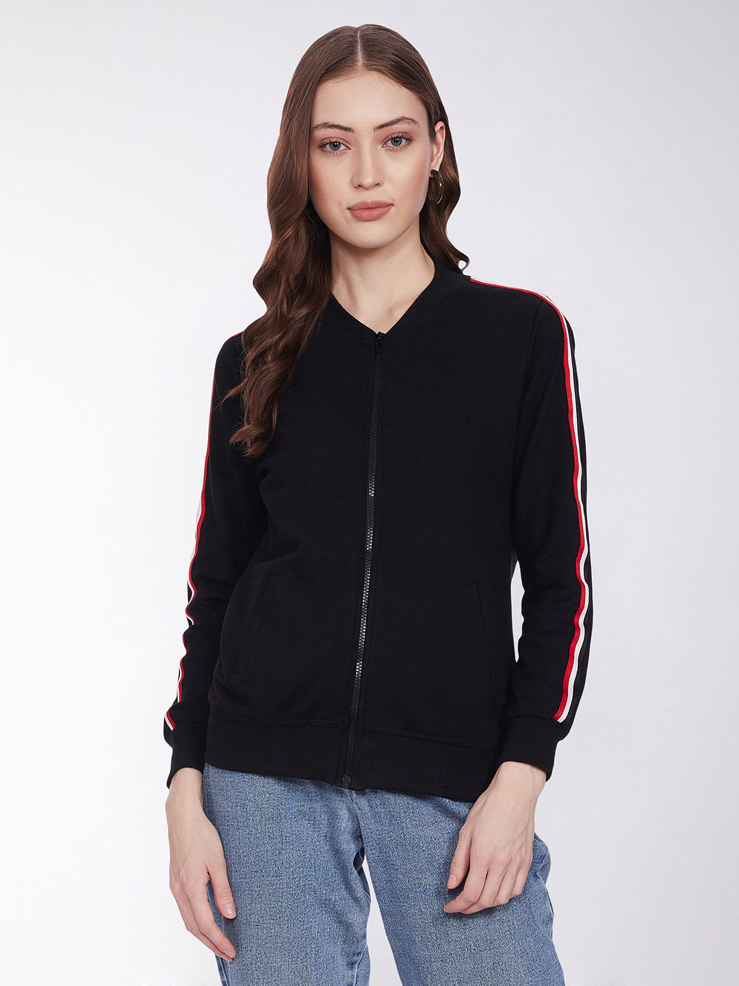 Women's Black V-Neck Full Sleeves Cotton Solid Zippered Twill Tape Detailing Bomber Jacket