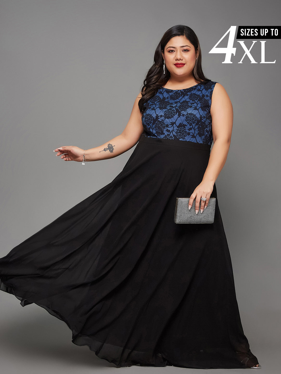 Black & Blue Sleeveless Fit and Flare Lace Dress for Women