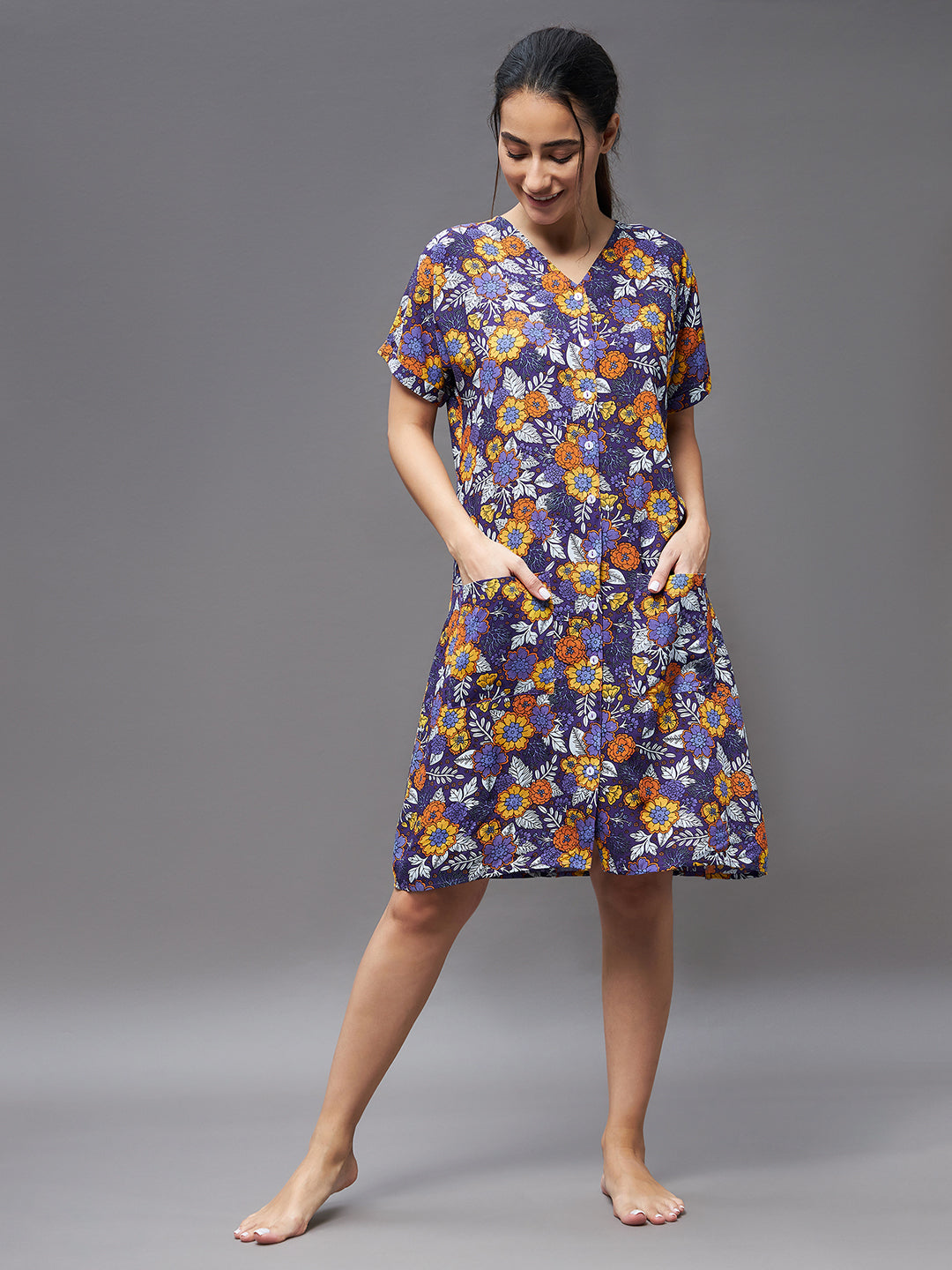 Women's Purple V Neck Short Sleeve Printed Button Down Placket Knee-Long Shift Dress