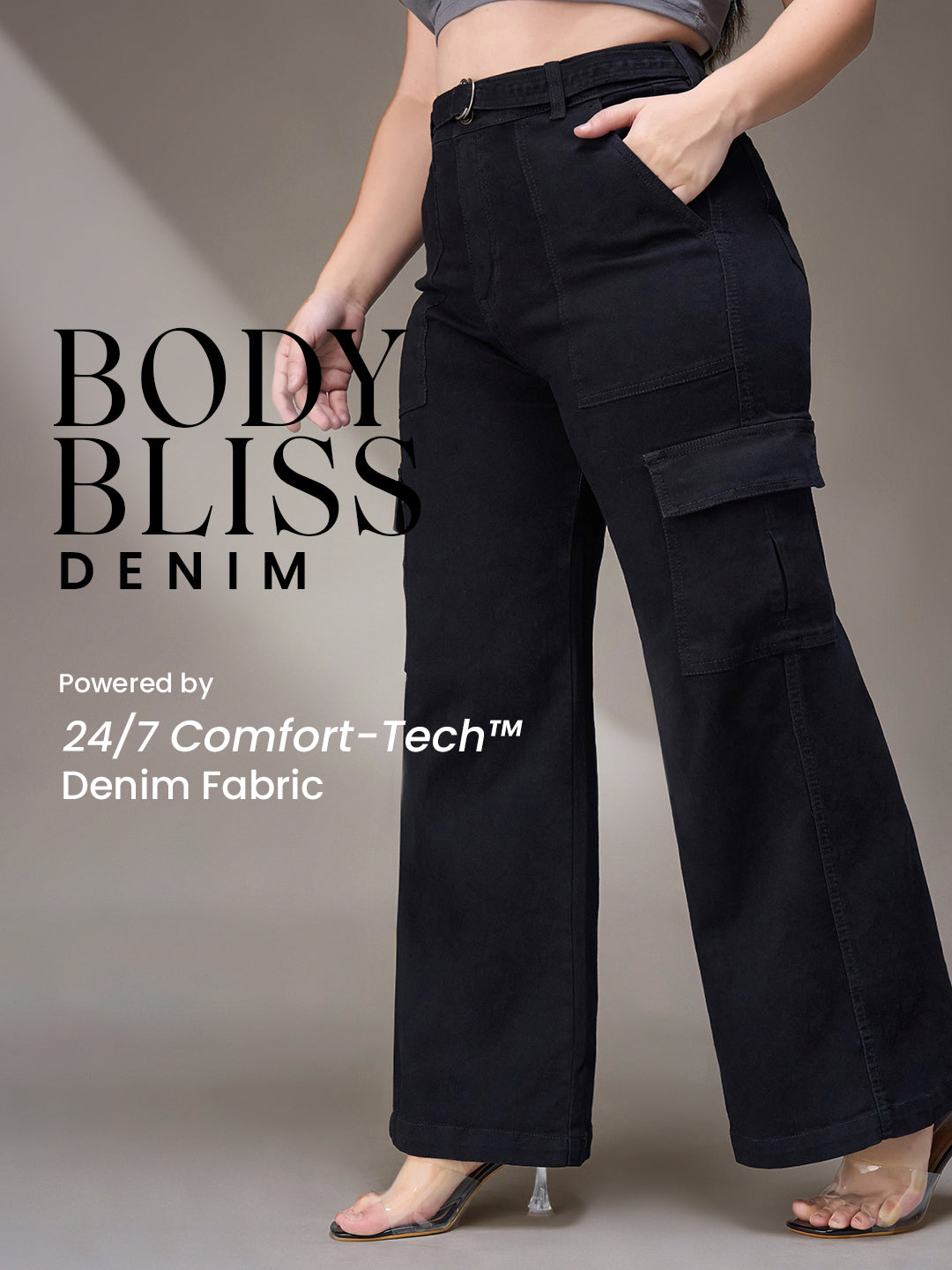 24/7 Comfort Black Wide-Leg High-Rise Stretchable Denim Jeans for Women