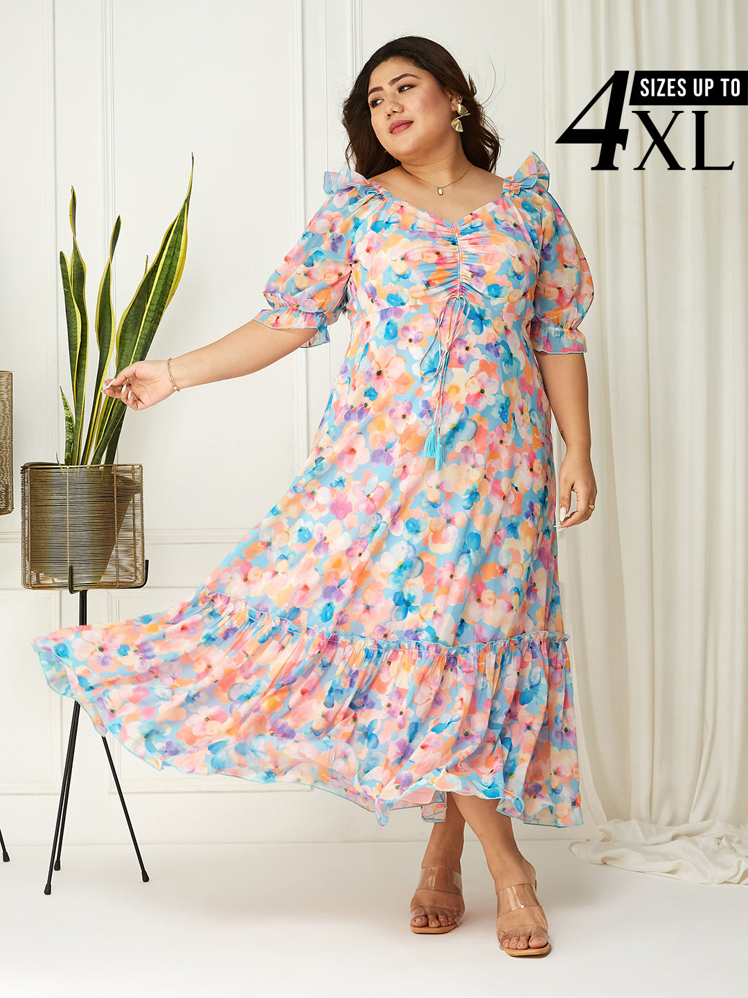 Sky Blue Multicoloured Floral Printed Puff Sleeves Sweetheart Neck Fit and Flare Maxi Dress for Women