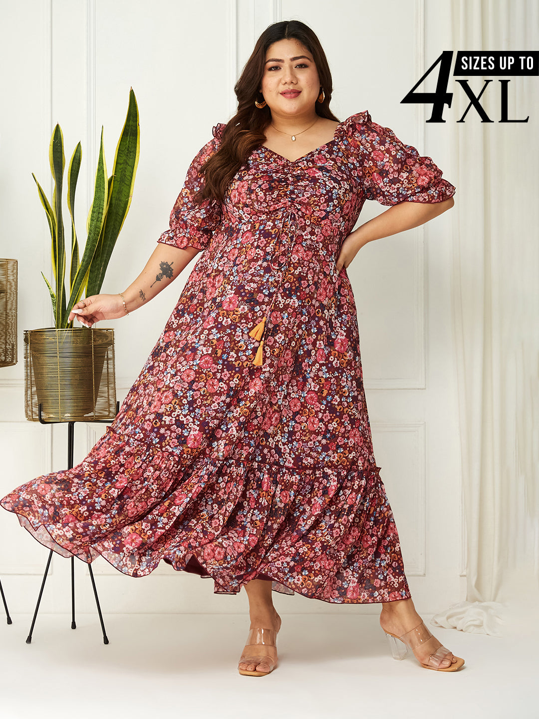 Wine Multicoloured Floral Printed Puff Sleeves Sweetheart Neck Fit and Flare Maxi Dress for Women