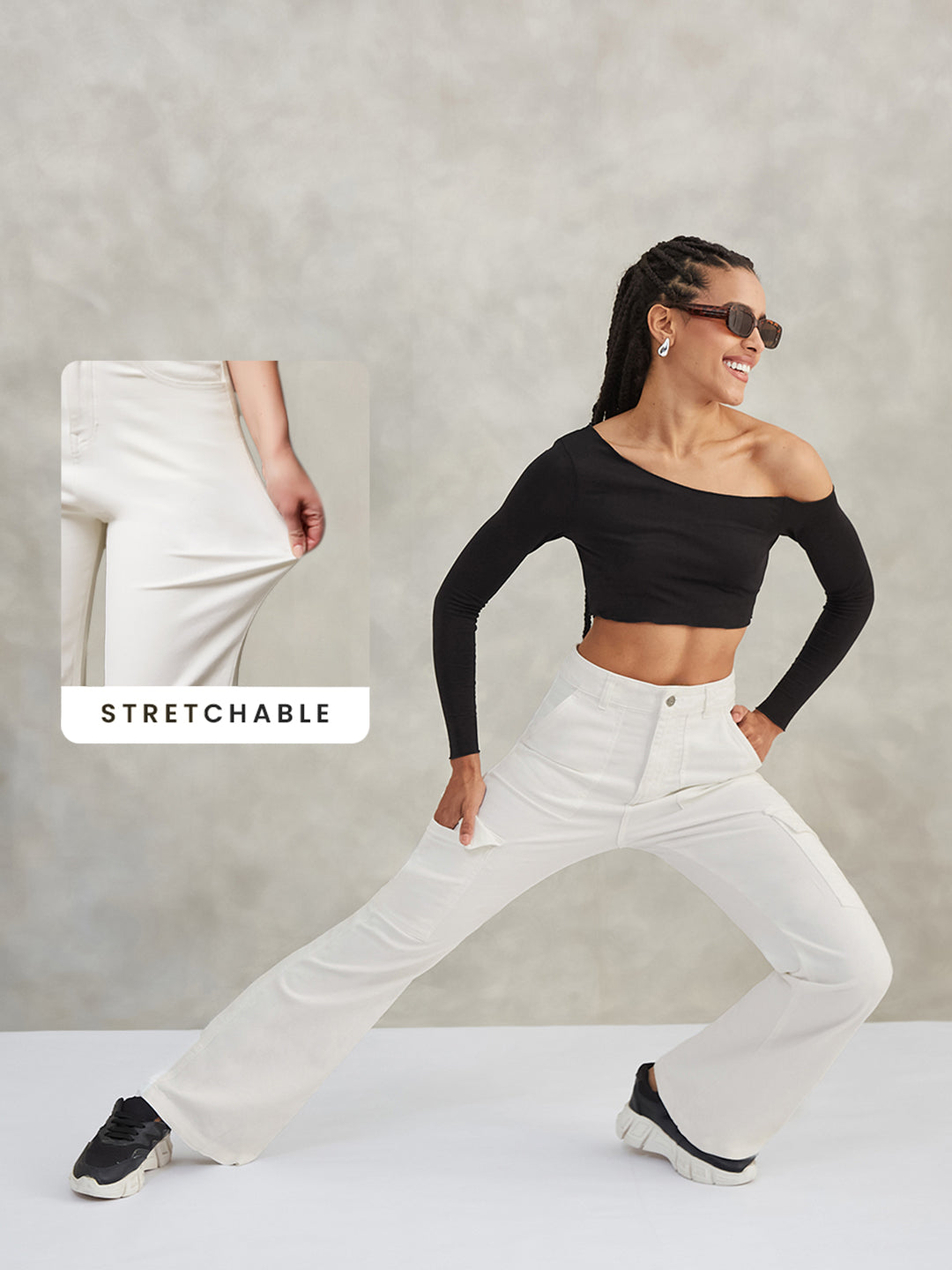 CHASEstretch™ White Wide-Leg High-Rise Stretchable Denim Jeans for Women