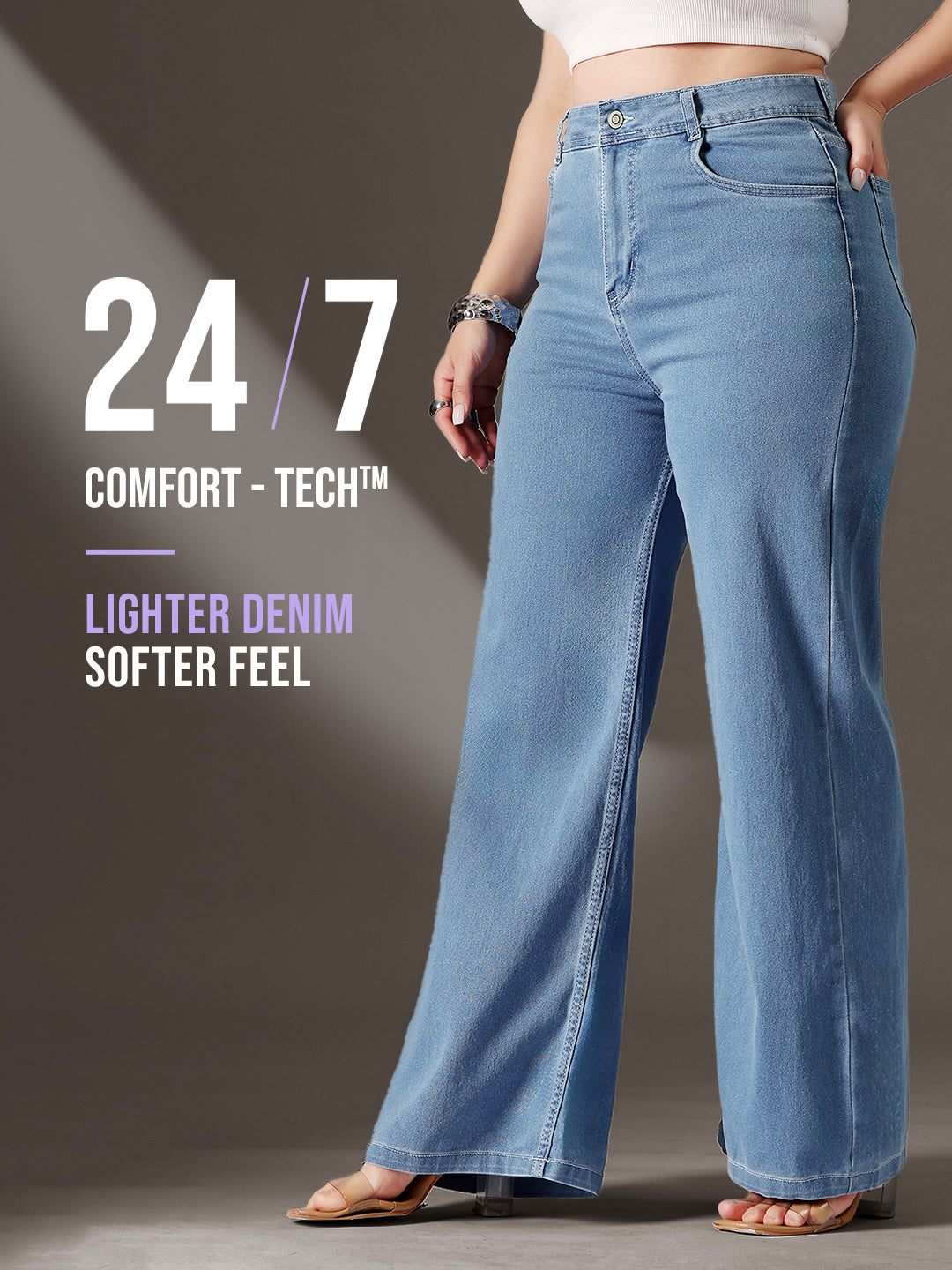 24/7 Comfort Blue Wide-Leg High-Rise Stretchable Denim Jeans for Women