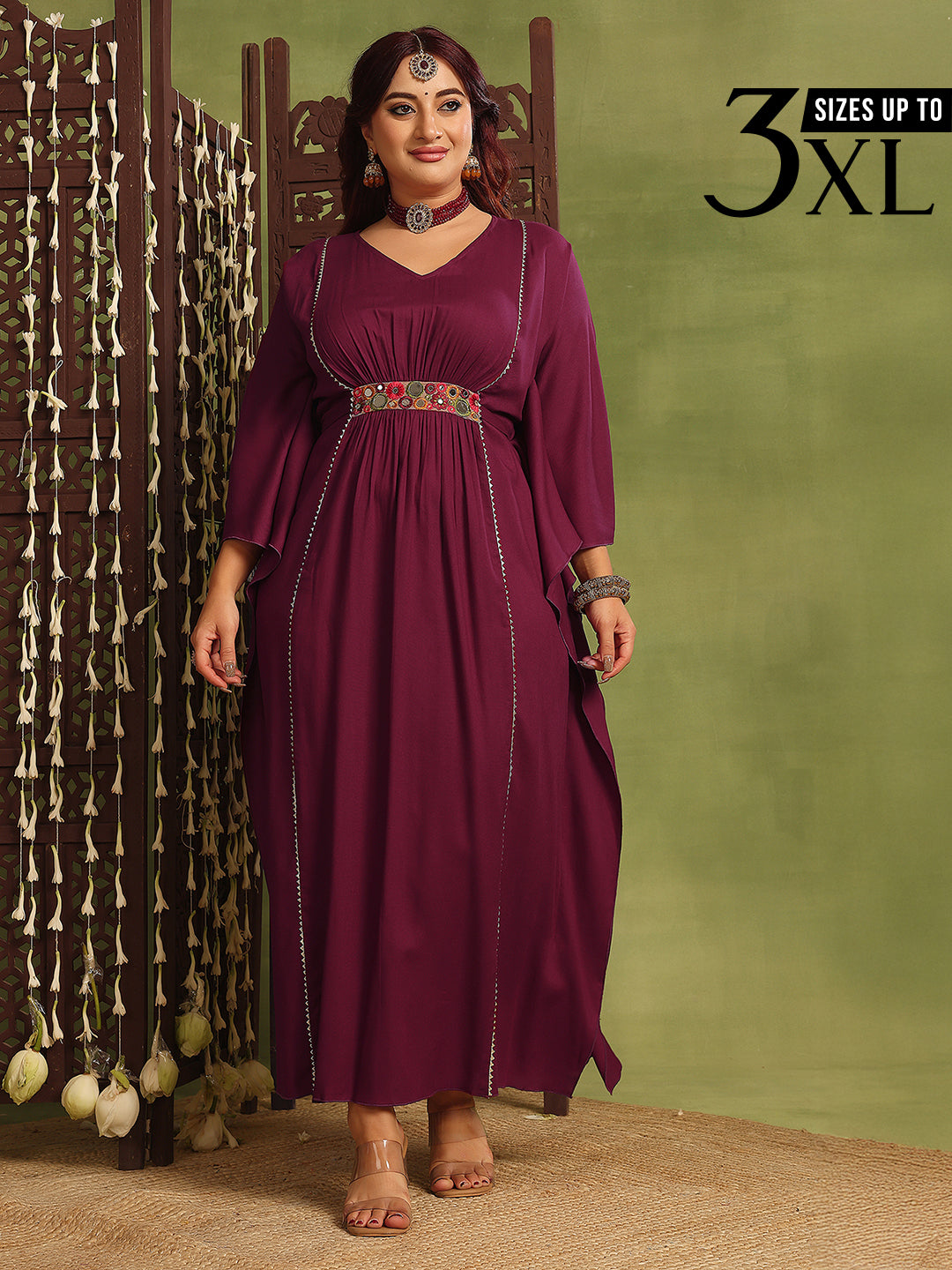 Wine Red Kaftan Dress with Multicoloured Embroidered Belt for Women