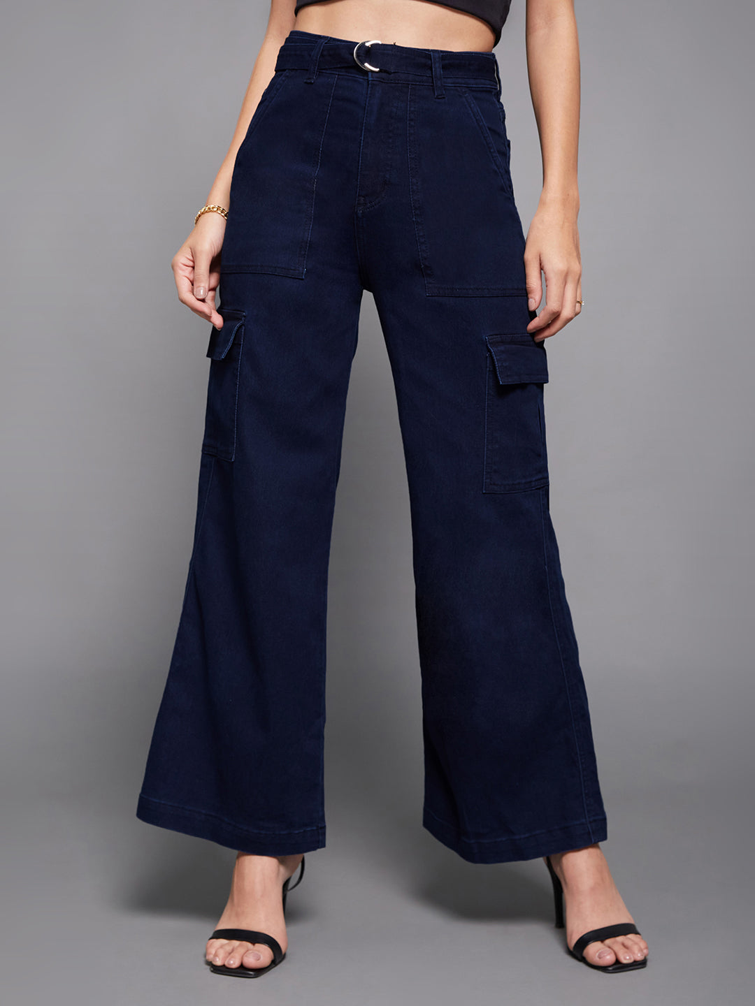 Women's Navy Blue Wide leg High rise Clean Look Regular Stretchable Cargo Denim Jeans