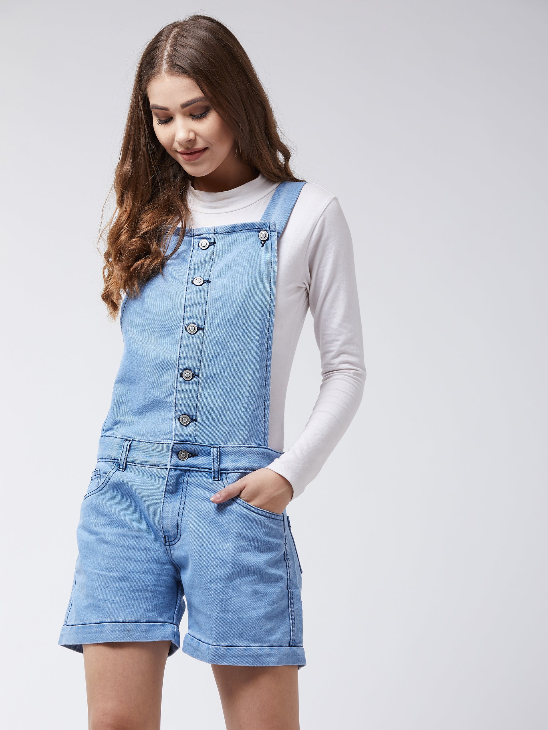 Women's Light Blue Regular Fit Mid Rise Mini Solid Denim Dungaree