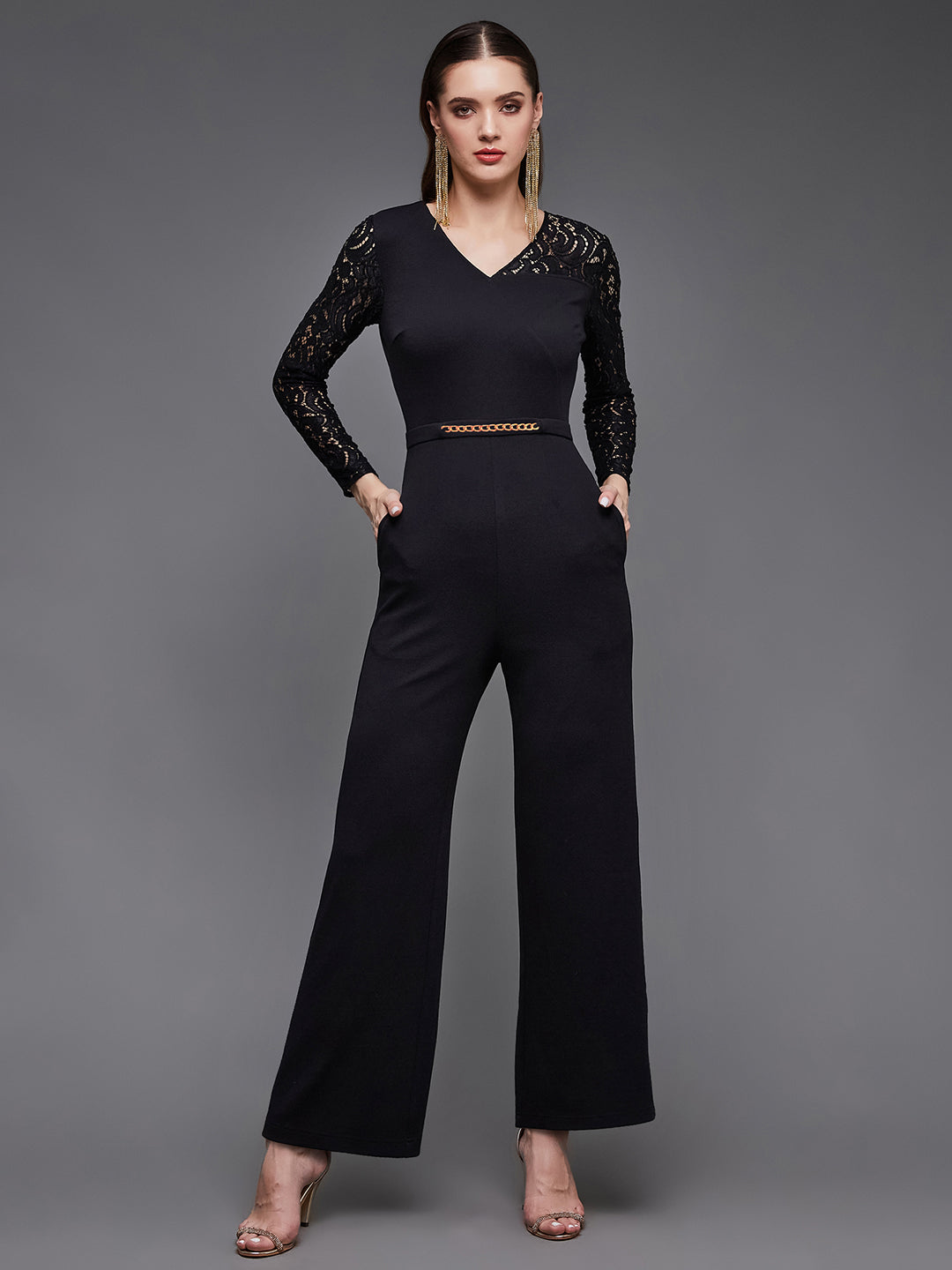 Women's Black V-Neck Full Sleeve Self-Designed Asymmetric Jumpsuit